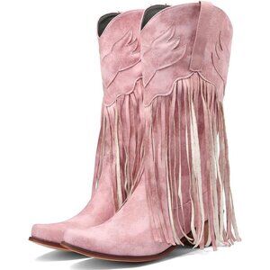 Women's Pink Fringe Cowboy Boots Square Toe Mid Calf Embroidered Western Boots